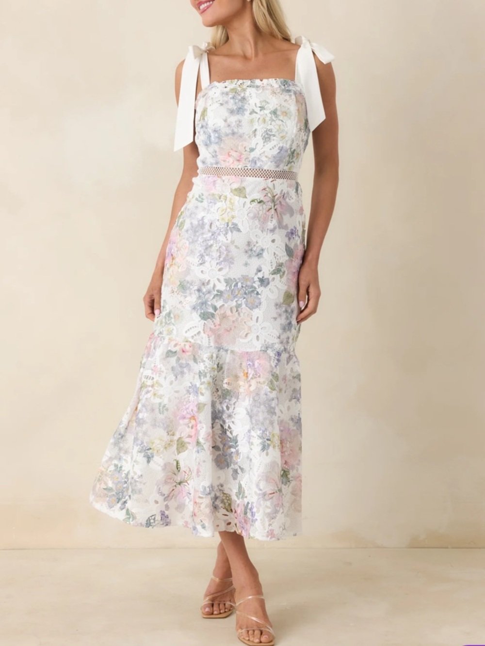 Ivory Lace Floral Midi Dress with Tie Straps